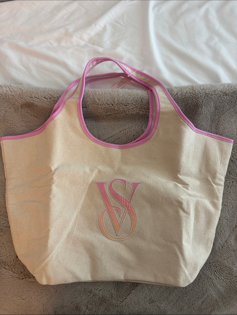 Victoria’s Secret Canvas Tote Bag with Pink Trim and Monogram Detail